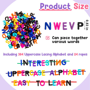 Wesiti 408 Pcs Lacing Letters Alphabet Learning Toys Toddler ABC Alphabet Beads Lacing Toy Fine Motor Skills Toys for Preschool Games Homeschool Supplies Early Spelling (Uppercase Letters)