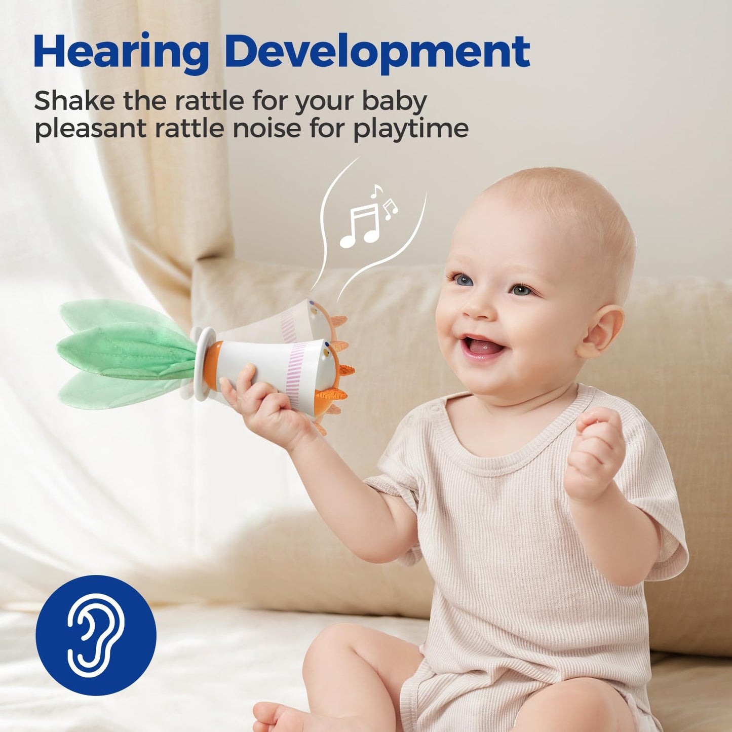 Evoceler Baby Rattles Shaker Toy - Fox with Tinkle Sounds & Green Fabric Tail, Silicone Soft Infant Tummy Time Toys with Texture