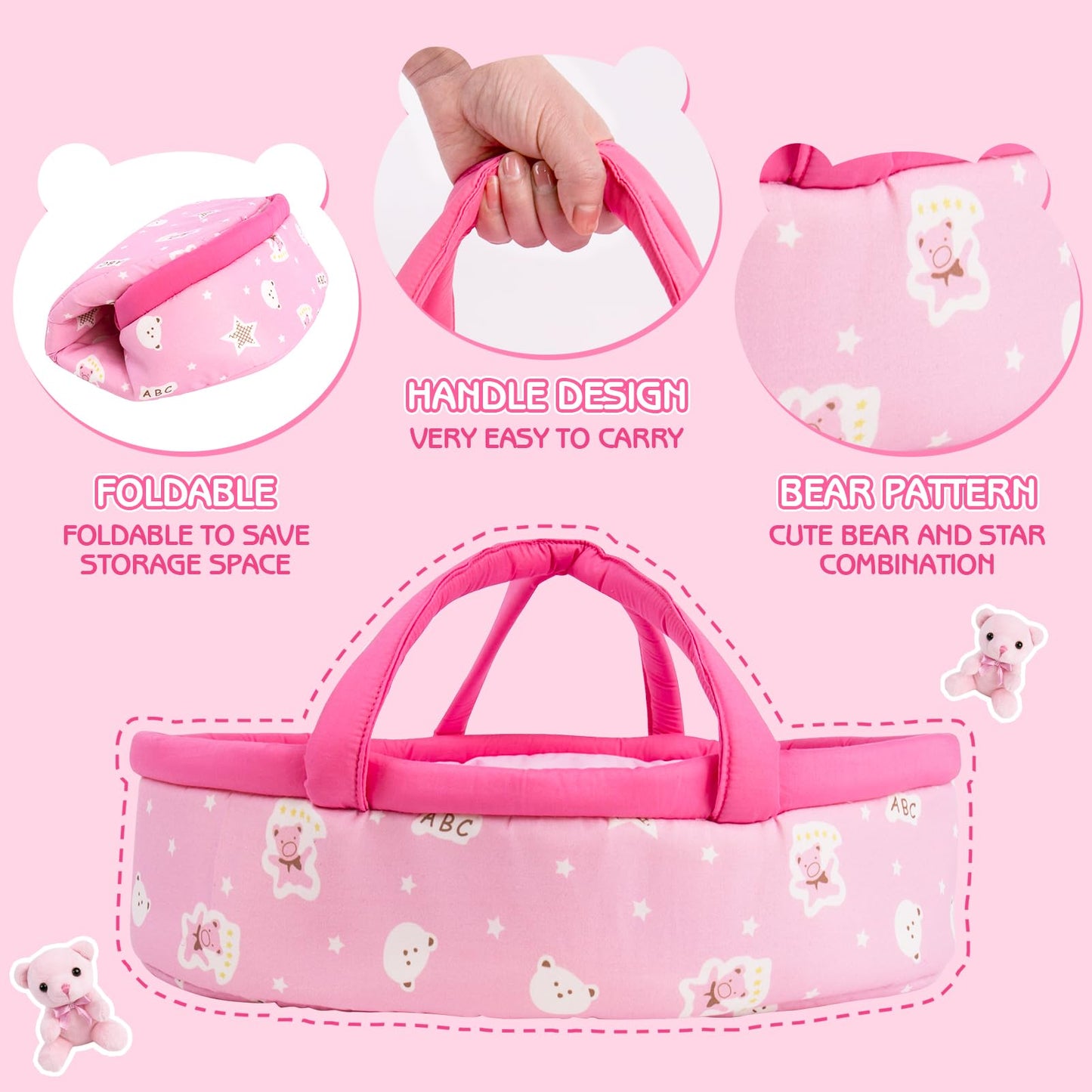 Aori 10 Pcs Reborn Baby Dolls Clothes Set with Pink Bassinet for 16-18 Inch Baby Doll, Carrier Bed and Baby Doll Clothes Outfit