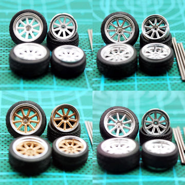 1/64 wheels Front Small Rear Big for Muscle Cars and Sports Cars,4 Sets/pack,Eight Spokes,ABS Wheels with Rubber Tire Rivet Axle