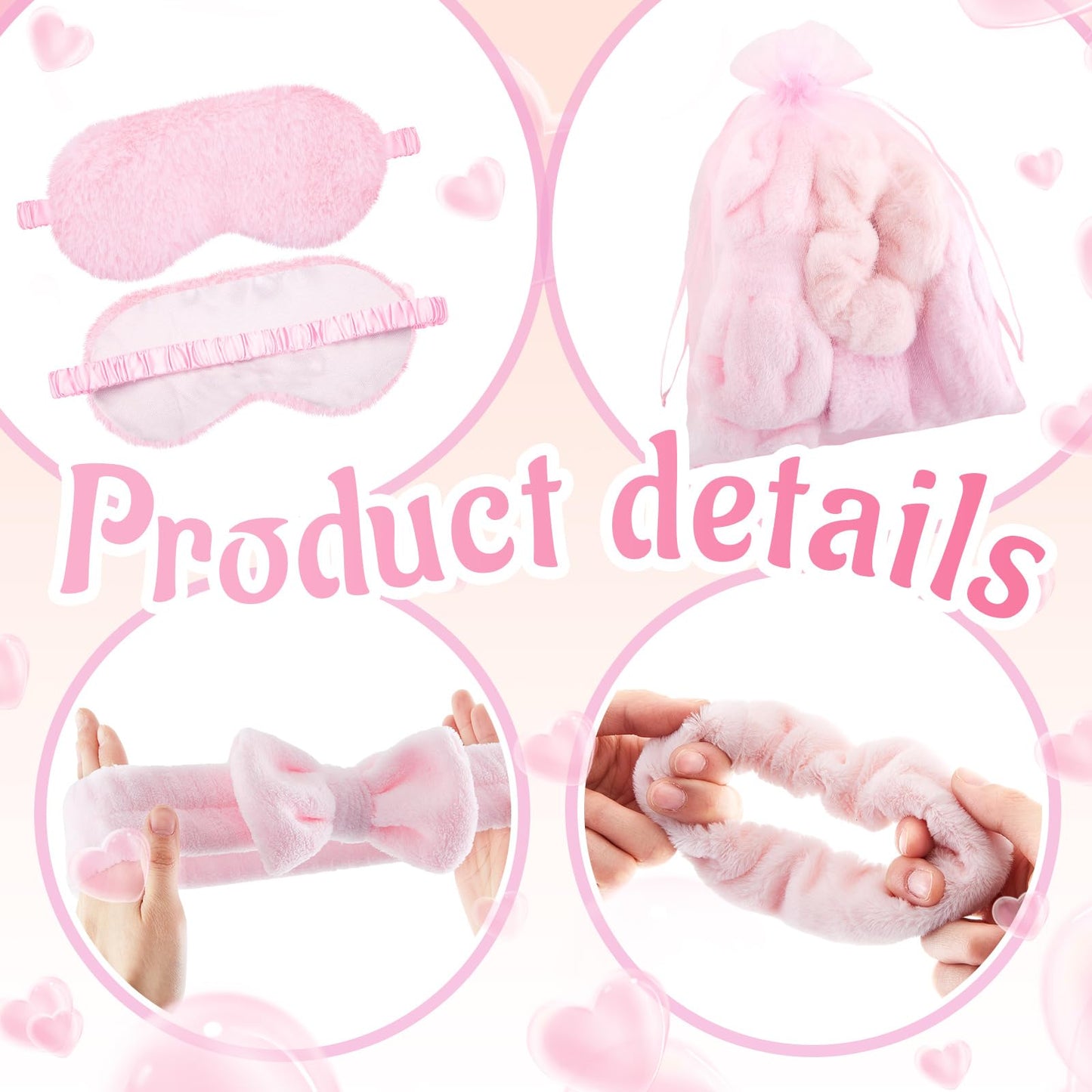 Fanfanwin 36 Pcs Sleepover Party Supplies 6 Throw Blanket 6 Spa Headband 6 Heart Pillows 6 Scrunchies 6 Sleep Eye Mask 6 Organza