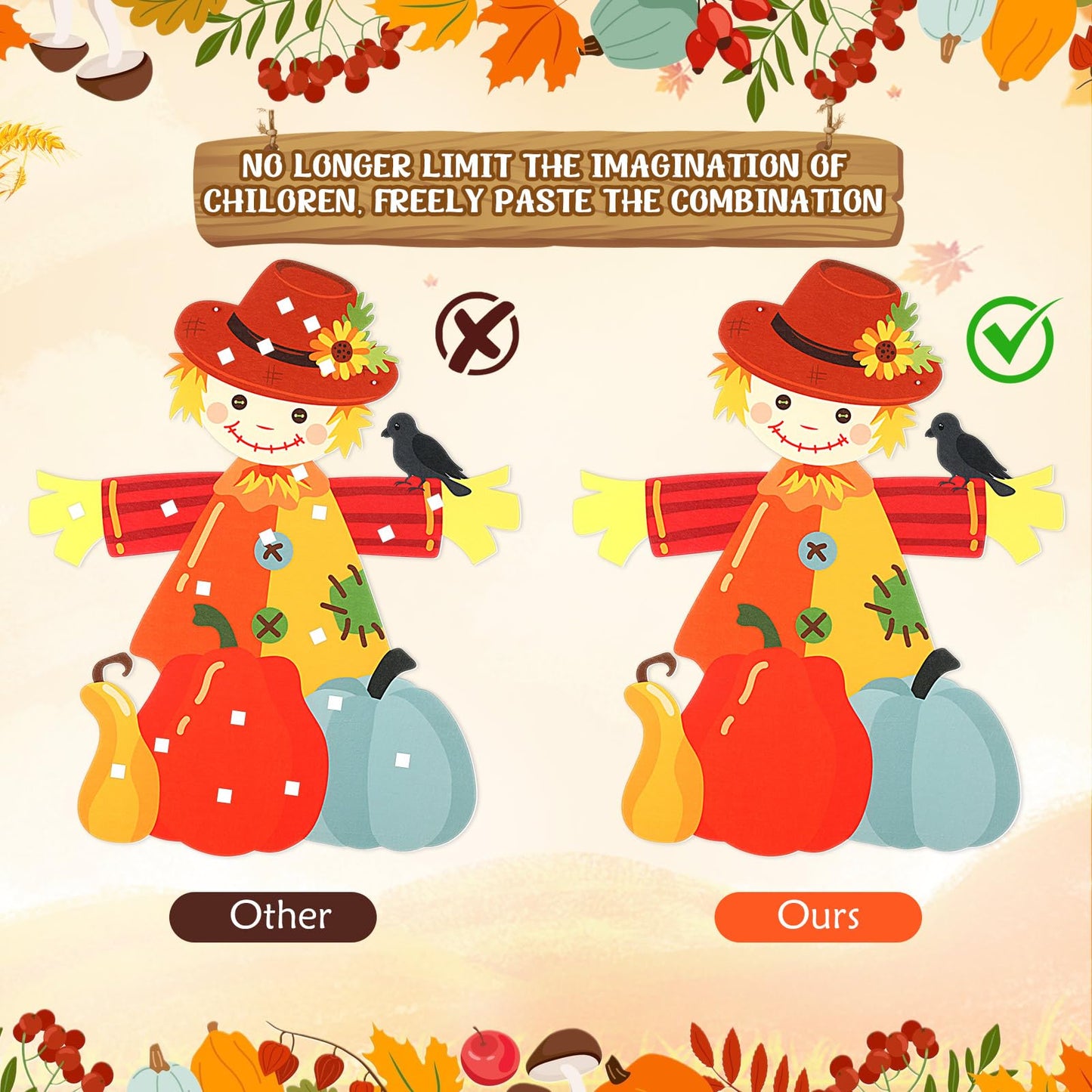 Thinkday 37 Pieces Thanksgiving Craft Kit Felt Scarecrow Craft, Fall DIY Scarecrow Pumpkin Felt Set, 36 Detachable Fall Maple Le