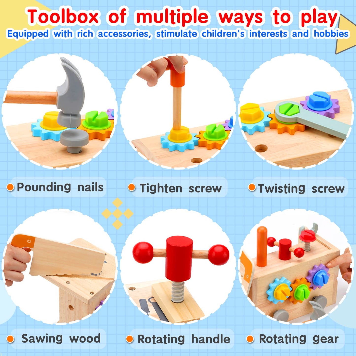 Mgtfbg Kids Tool Set - 29 PCS Wooden Toddler Tool with Box, Montessori STEM Educational Pretend Play Construction Toy for 2 3 4