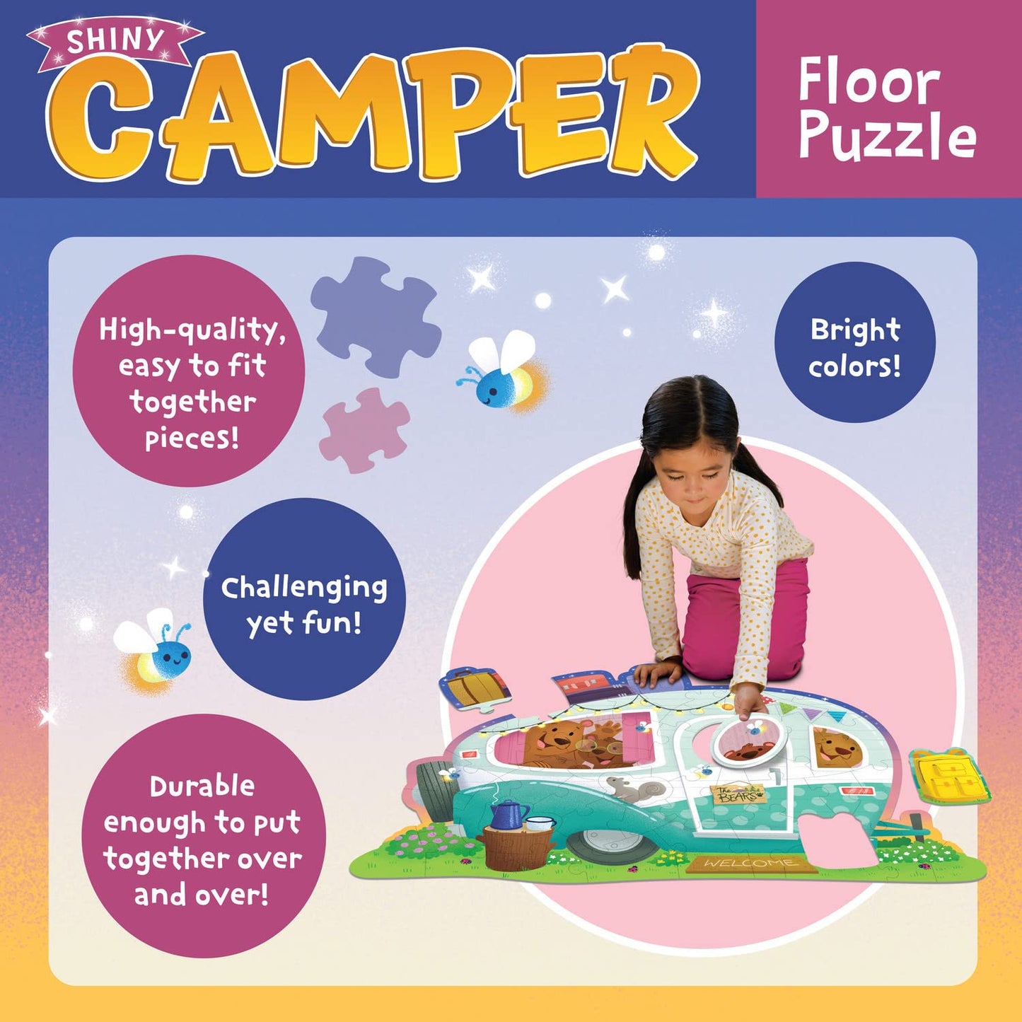 Peaceable Kingdom Shiny Camper Floor Puzzle – Giant Camping Puzzle For Kids Ages 3 & Up – Fun Camper Shape – Great For Classrooms