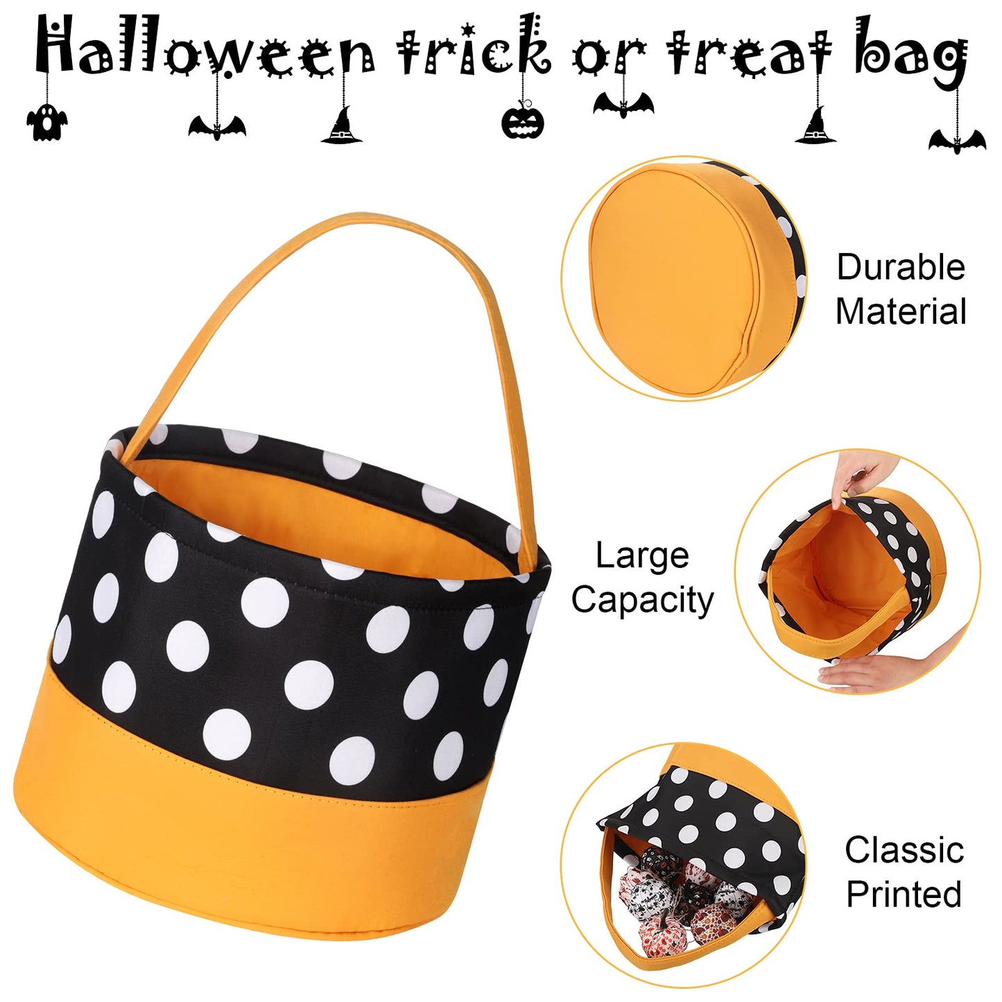 2 Pieces Trick or Treat Bags Halloween Candy Buckets Fabric Candy Tote Bags for Halloween Supplies, 2 Styles (Corn and Dot)
