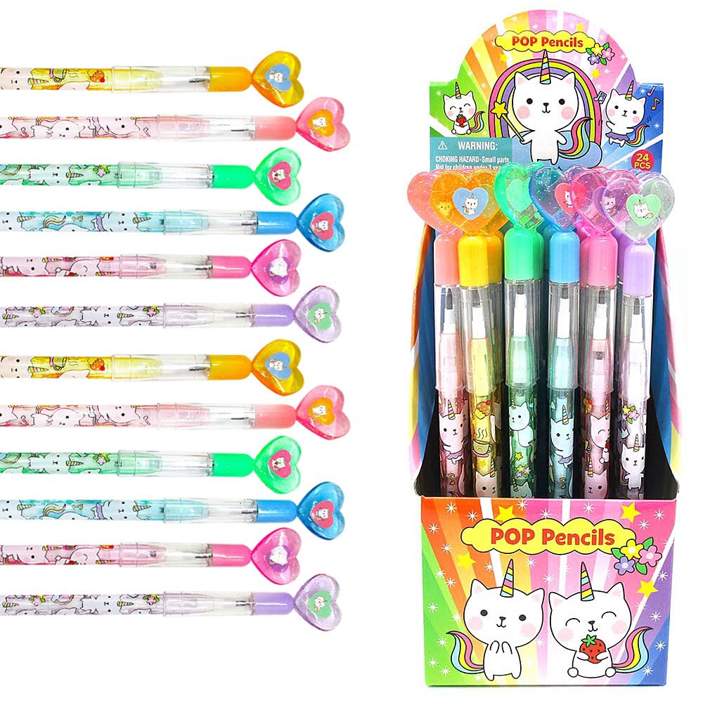 Tiny Mills 24 Pcs Unicorn Kitty Multi Point Stackable Pencil with Eraser for Kitty Unicorn Caticorn Birthday Party Favor Prize C
