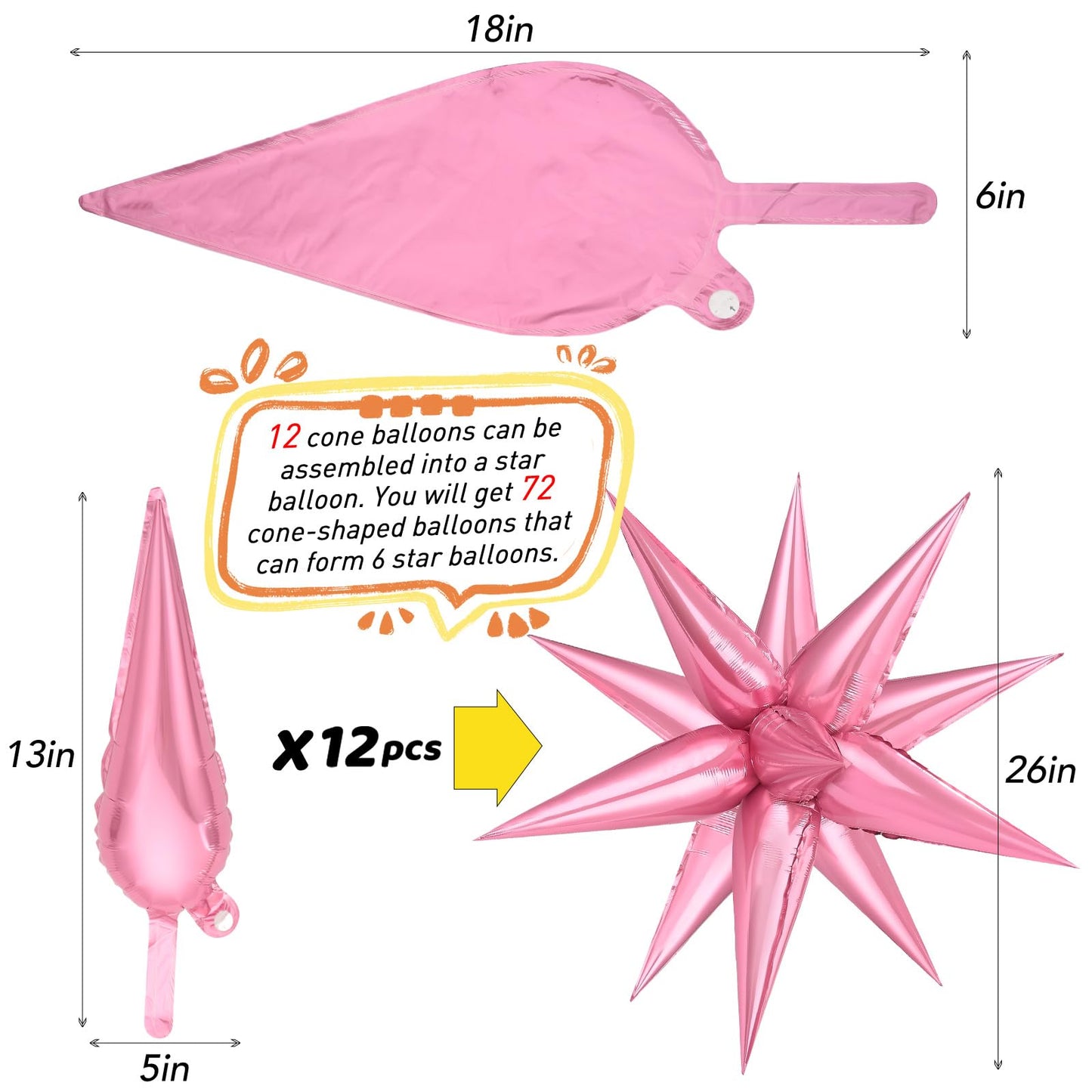 72 Pcs Pearl Pink Star Balloons - 26 Inch Explosion Starburst Foil Cone Balloons, 12 Point Large Balloons For Wedding Birthday B