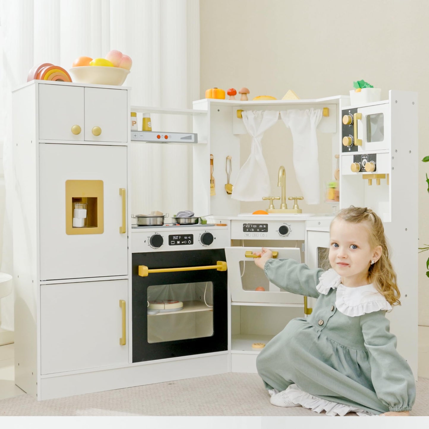 Interactive Wooden Toy Play Kitchen Playset For Kids - Realistic Lights & Sounds, Corner Design With 8 Accessories, Gift For Gir