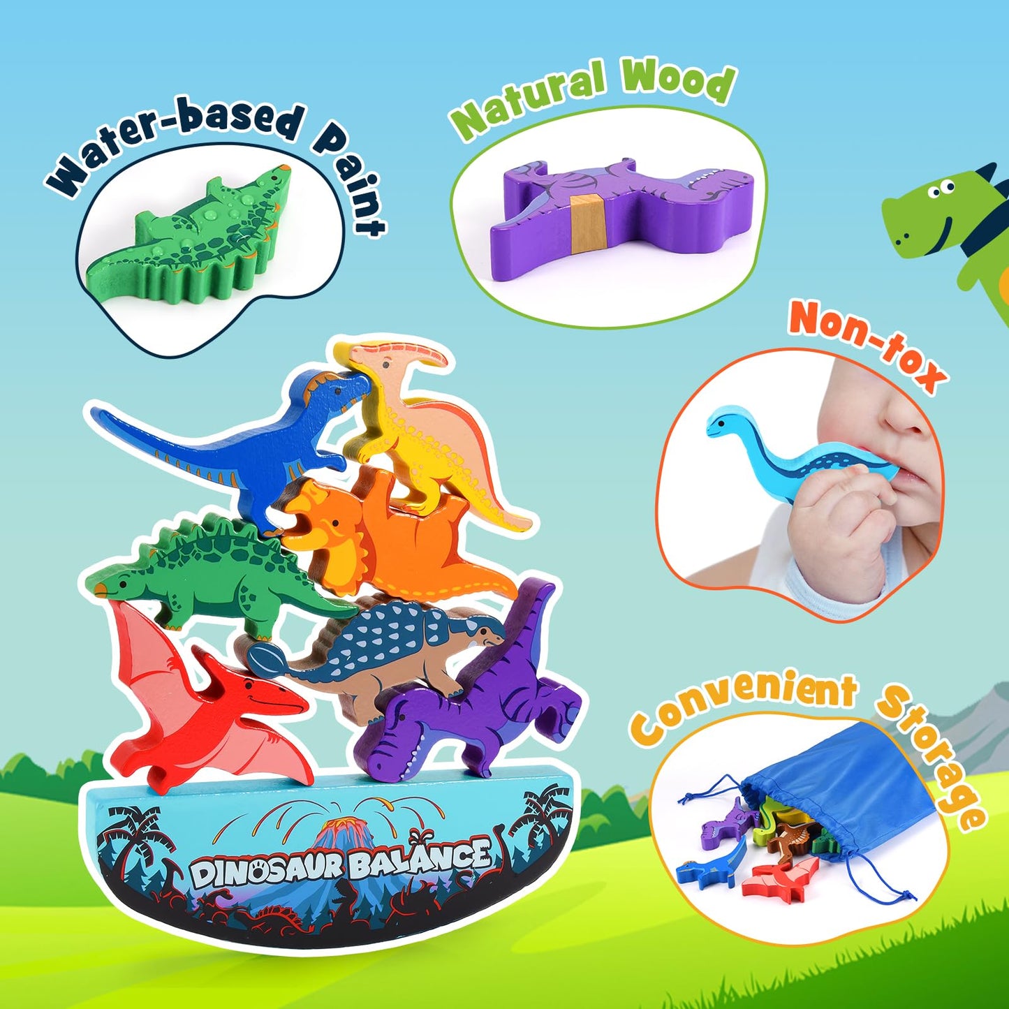 IPOURUP Dinosaur Wooden Stacking Toys for Kids 3-8, Multicolor Montessori Balance Game, Perfect for Family Birthday Gifts