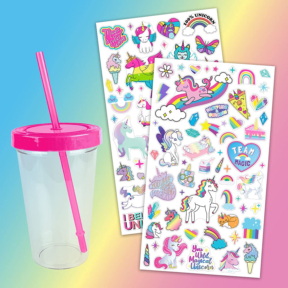 Fashion Angels Rainbow Unicorn Tumbler Design Kit - 100 Waterproof Stickers - BPA Free - Customizable - 16oz - Ages 8+ - Model 12634