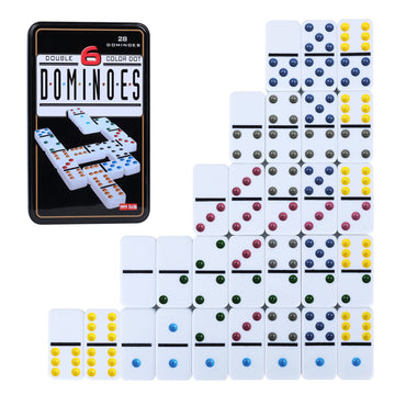 Gothink Dominoes Set For Adults With 4 Wooden Trays/Racks, Double 6 Dominoes Set Travel Set With 4 Tiles Holders, 28 Tile Colored Dot Dominos In Tin Box Classic Family Board Games For 2-4 Players