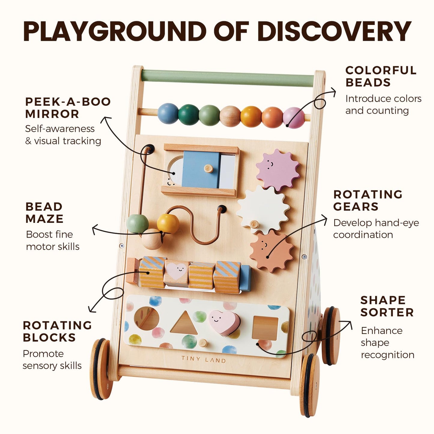 Tiny Land Wooden Baby Walker - Adjustable Speed Montessori Push Toy for Boys & Girls, Colorful Activity Center