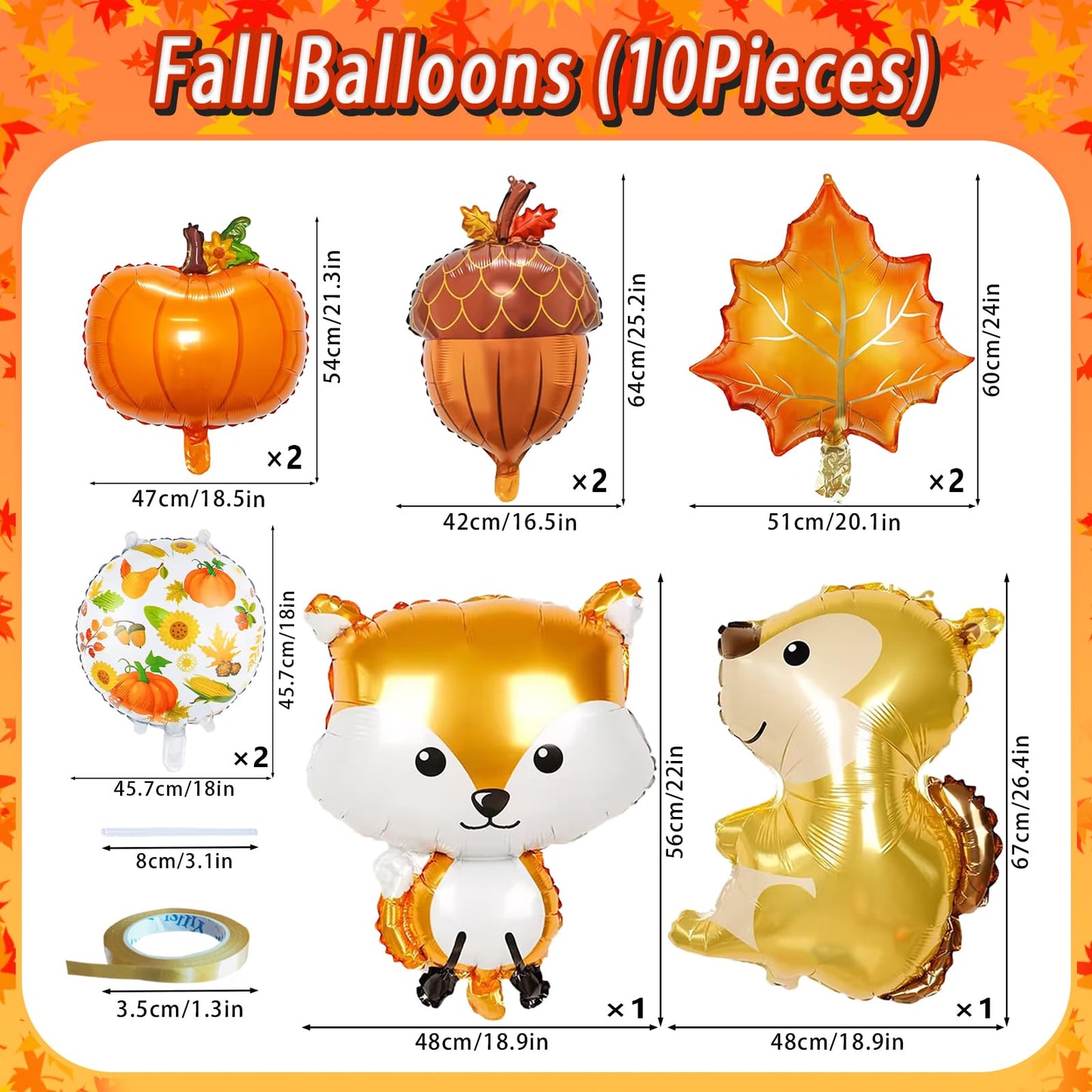 Fall Balloons, Acorn Fox Maple Leaf Squirrel Pumpkin Mylar Foil Balloons, Harvest Autumn Party Balloons For Birthday Baby Shower