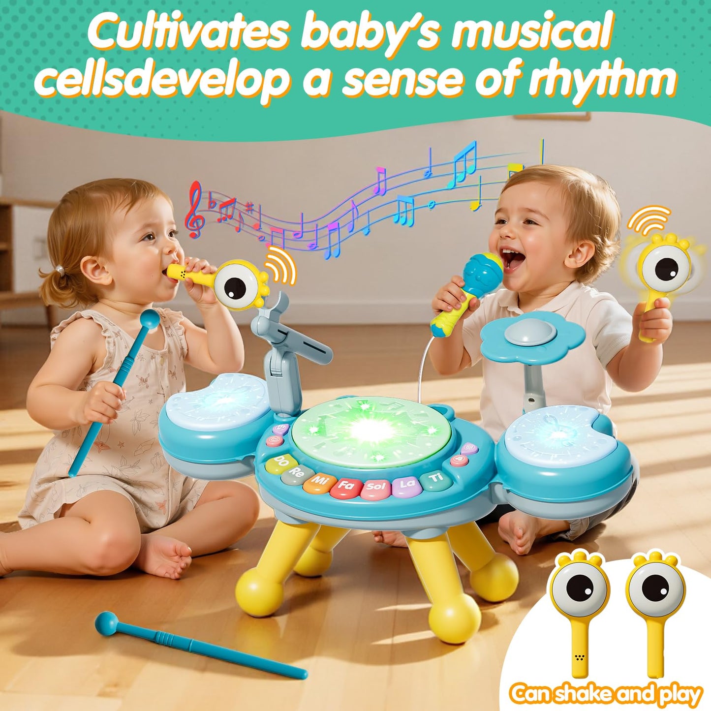 Zsinb Toddler Drum Set with Microphone, Small, Blue, Plastic, Model BY-6233, Ideal Musical Toy for 1-3 Year Olds, Birthday Gift