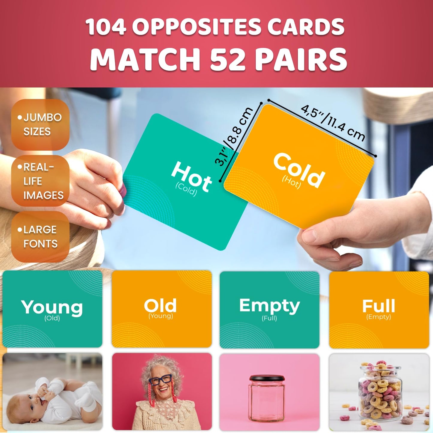 QUOKKA 104 Opposites Vocabulary Flash Cards with Realistic Images for Pre-K and Kindergarten - Perfect for Teachers, Parents, an