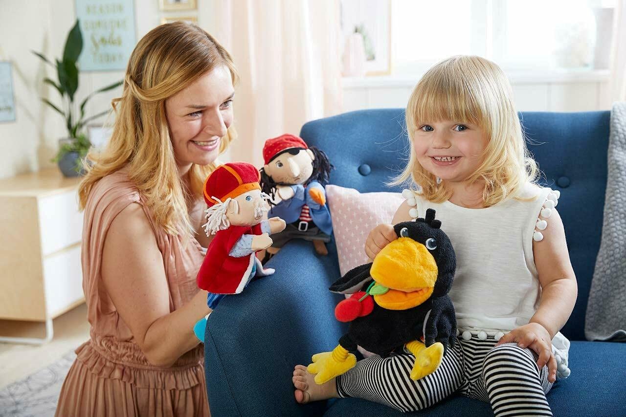 Haba Theo The Raven Glove Puppet With Cherries - Beak Opens Wide With Opening To Eat The Fabric Fruit