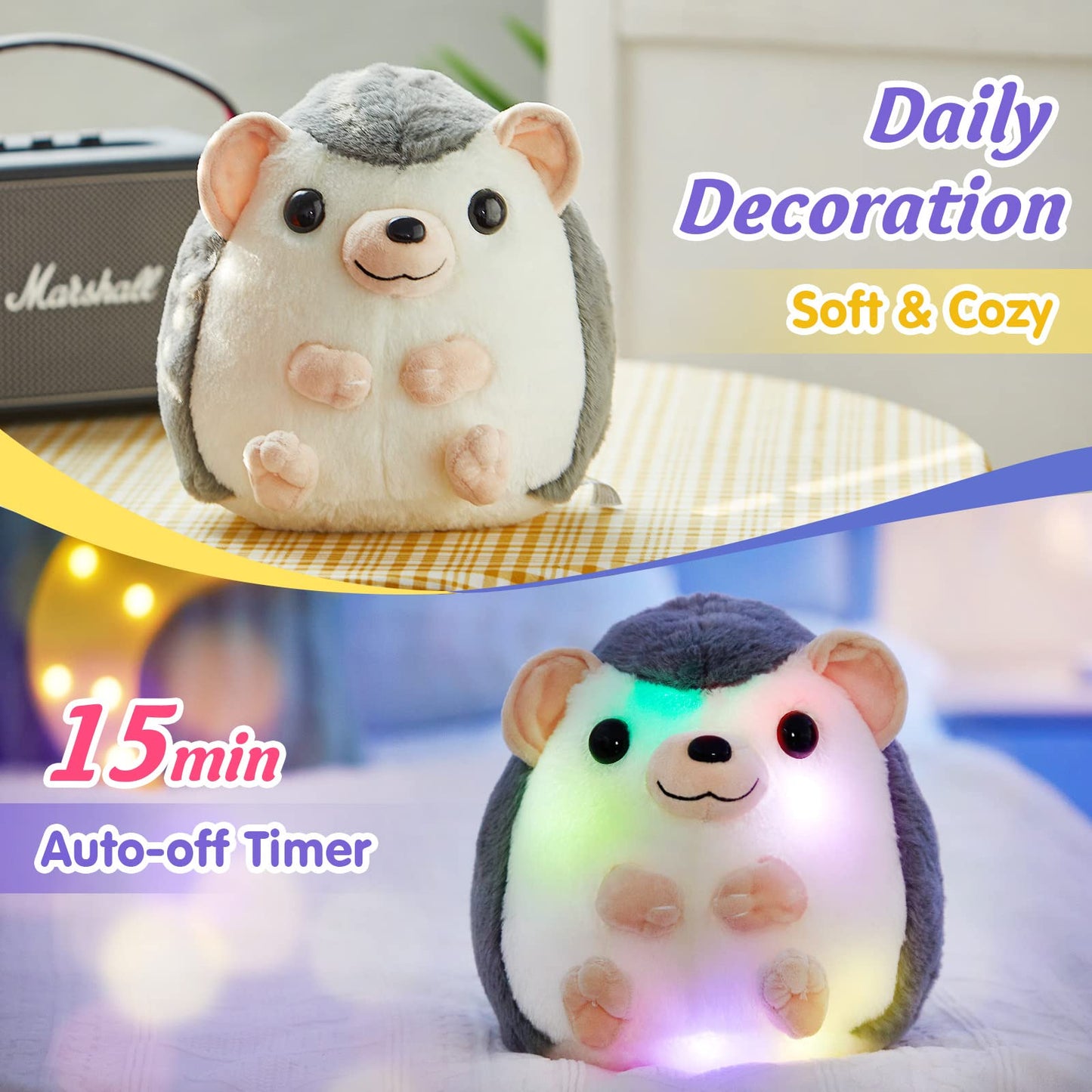 Bstaofy 10'' Light Up Hedgehog Stuffed Animal Glow Soft Plush Toy Led Nightlight Bedtime Gift For Toddlers Kids On Birthday Christmas