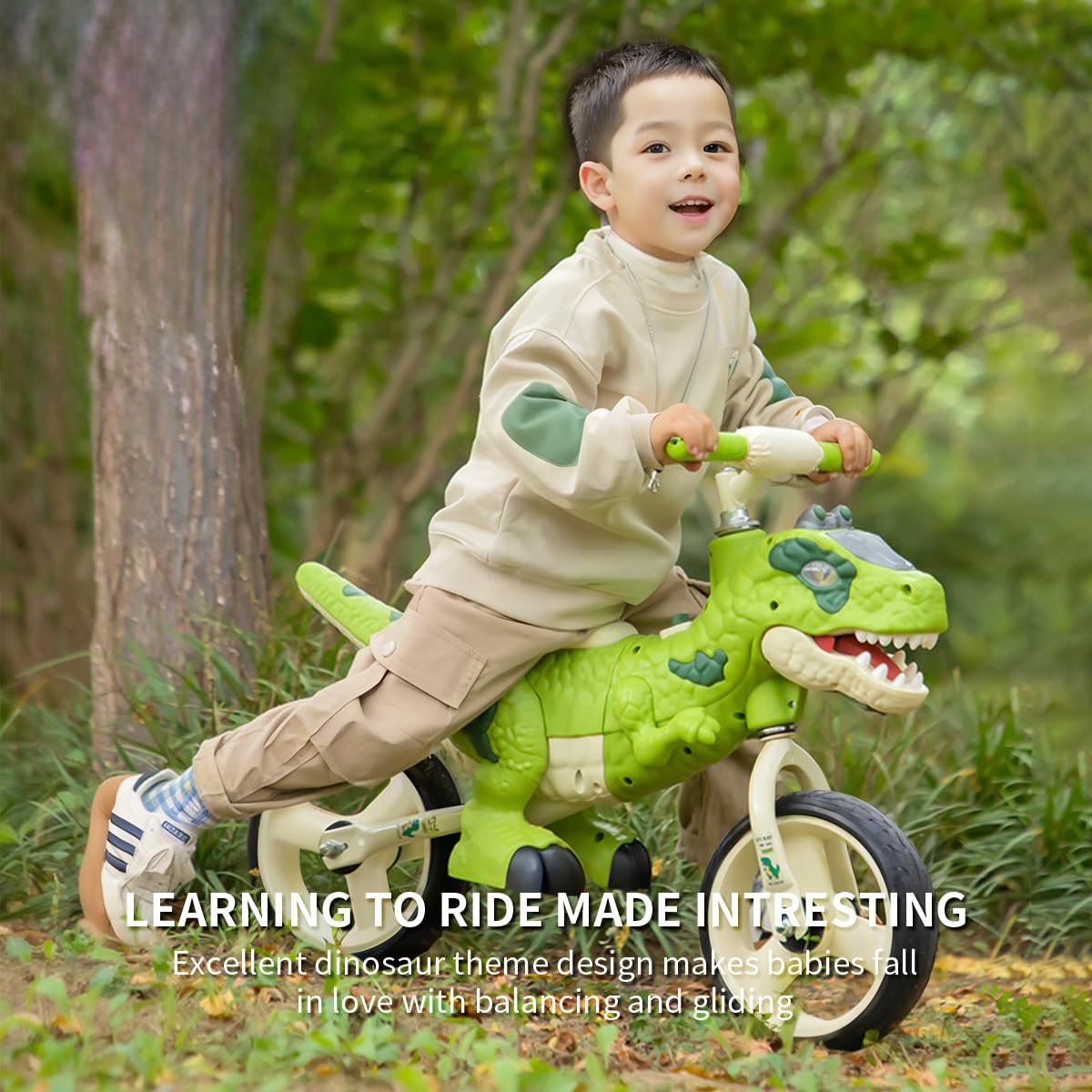 VIZZTY Dinosaur-Themed Balance Bike for Kids, Green, Adjustable Handlebar, Music & Lighting Effects, No-Pedal Training, Ages 3-7