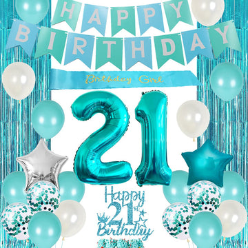21St Birthday Decorations For Women Girls Her Teal - Happy Birthday Banner Cake Topper Birthday Girl Sash Number 21 Foil Balloon