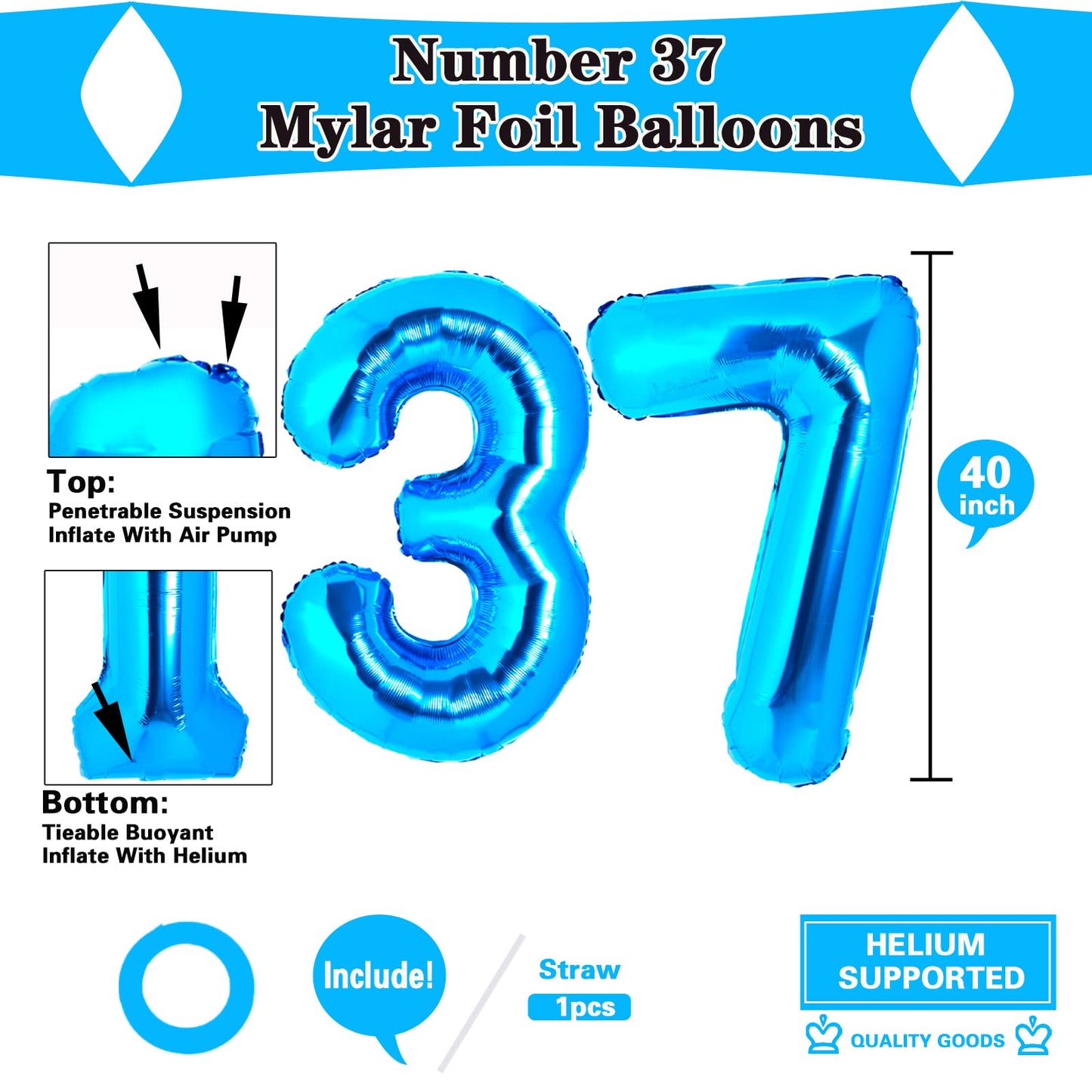 UWPVOWSR 40 Inch Sky Blue Number Balloons - 37 & 73 Birthday Decorations, Aluminum