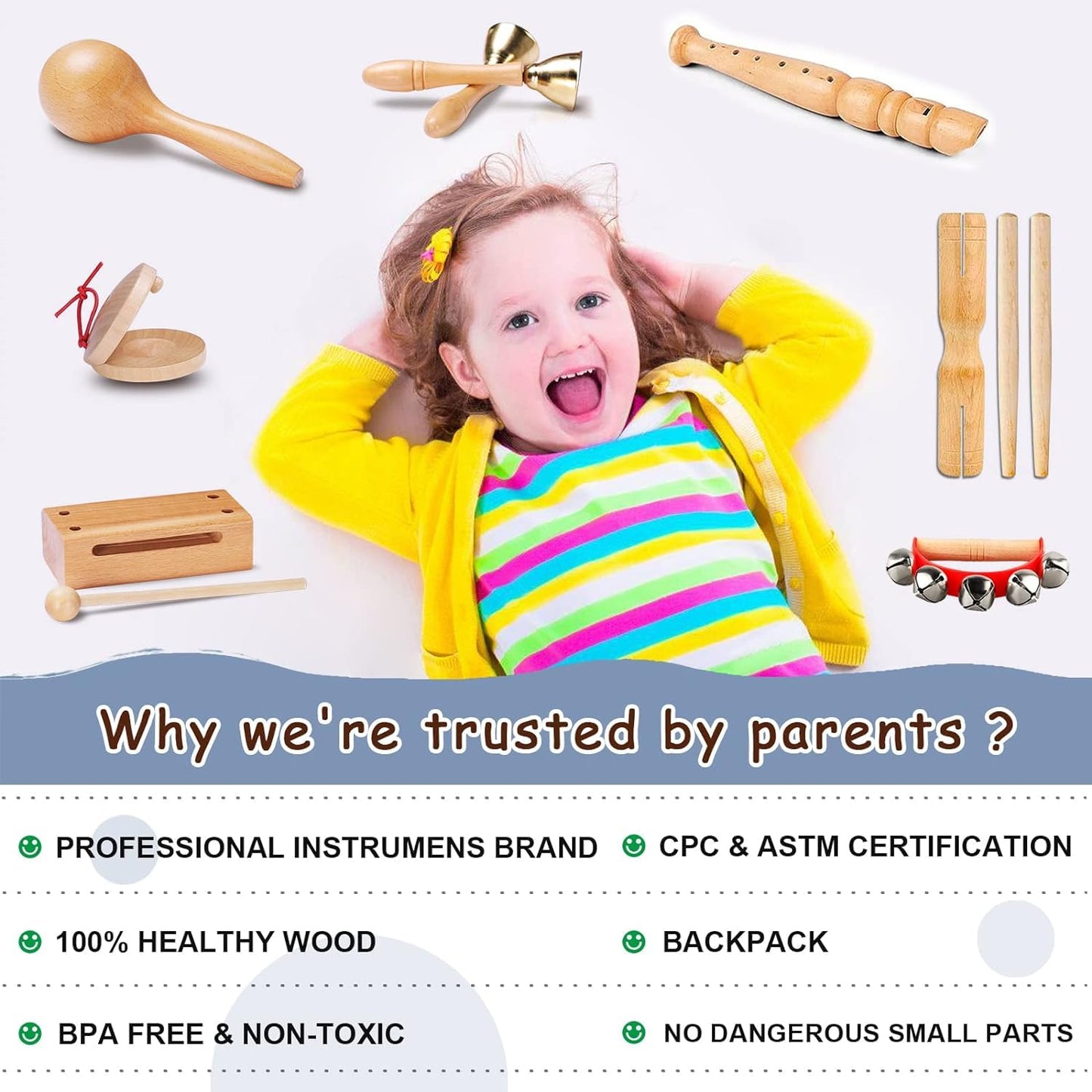 LOOIKOOS Toddler Musical Instruments Set - Eco-Friendly Wooden Percussion Toys, 12" Brown, Includes Storage Bag for Preschool Kids