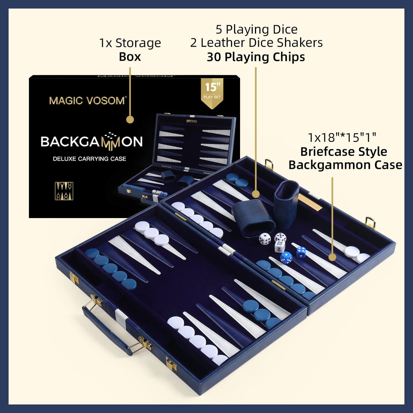 Magic Vosom Travel Medium 15 Inch Backgn Blue Sets Classic Board Game with enhanced Leather Case  Portable Travels Strategy Backgn Game Set for mature-themeds  Kids (Blue  Medium)