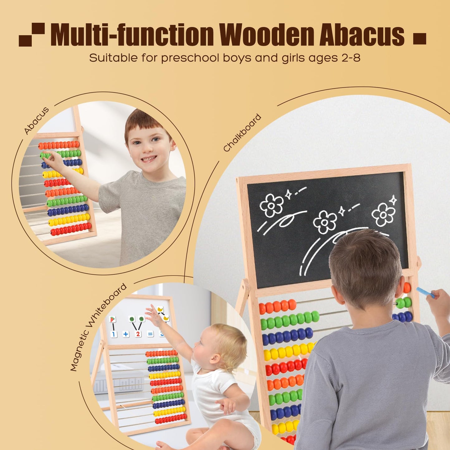 Ranqibo Wooden Abacus For Kids Math - Double-Sided Blackboard Whiteboard Magnetic Abacus For Toddlers 1-3 With 100 Magnetic Numb