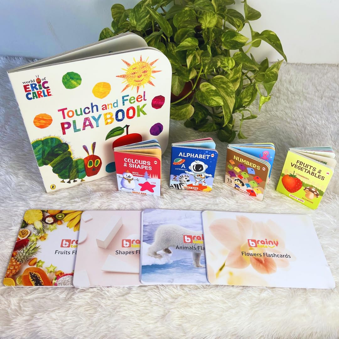Brainytots Mega Reader Combo | 1 Touch And Feel Play Book, 4 Small Board Books, 4 Sets Of Flashcards For Babies | Designed For L