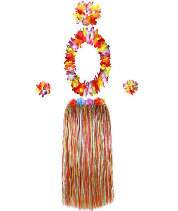 Bajotal Hawaiian Luau Hula Grass Skirt With Large Flower Costume Set For Dance Party Decorations Favors (32'' - Mutilcolor)