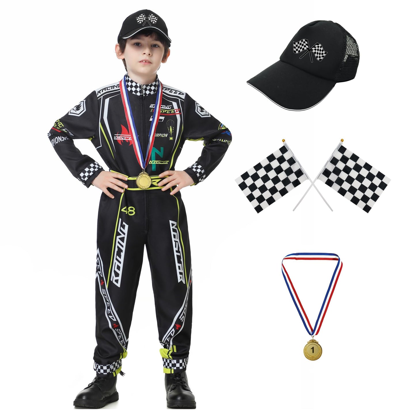 Treyrea Race Car Driver Costume Boys Racer Jumpsuit With Car Cap Kids Dress Up For Halloween (Black, M(For Height 50''-53''))