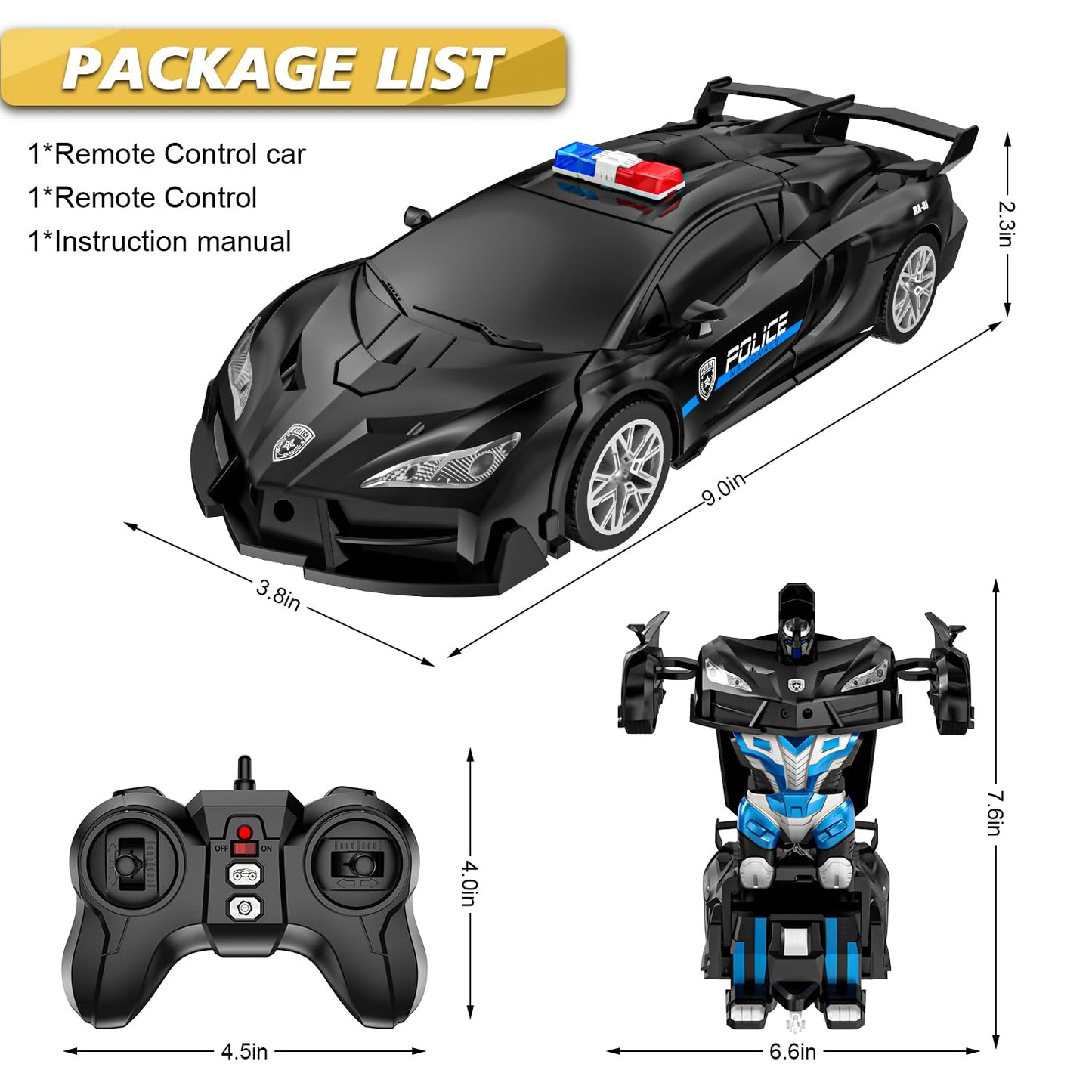 Remote Control Car for Kids , One Button Transformation to Robot with Flashing Light 2.4 Ghz Transforming Robot Car 1:18 Scale T