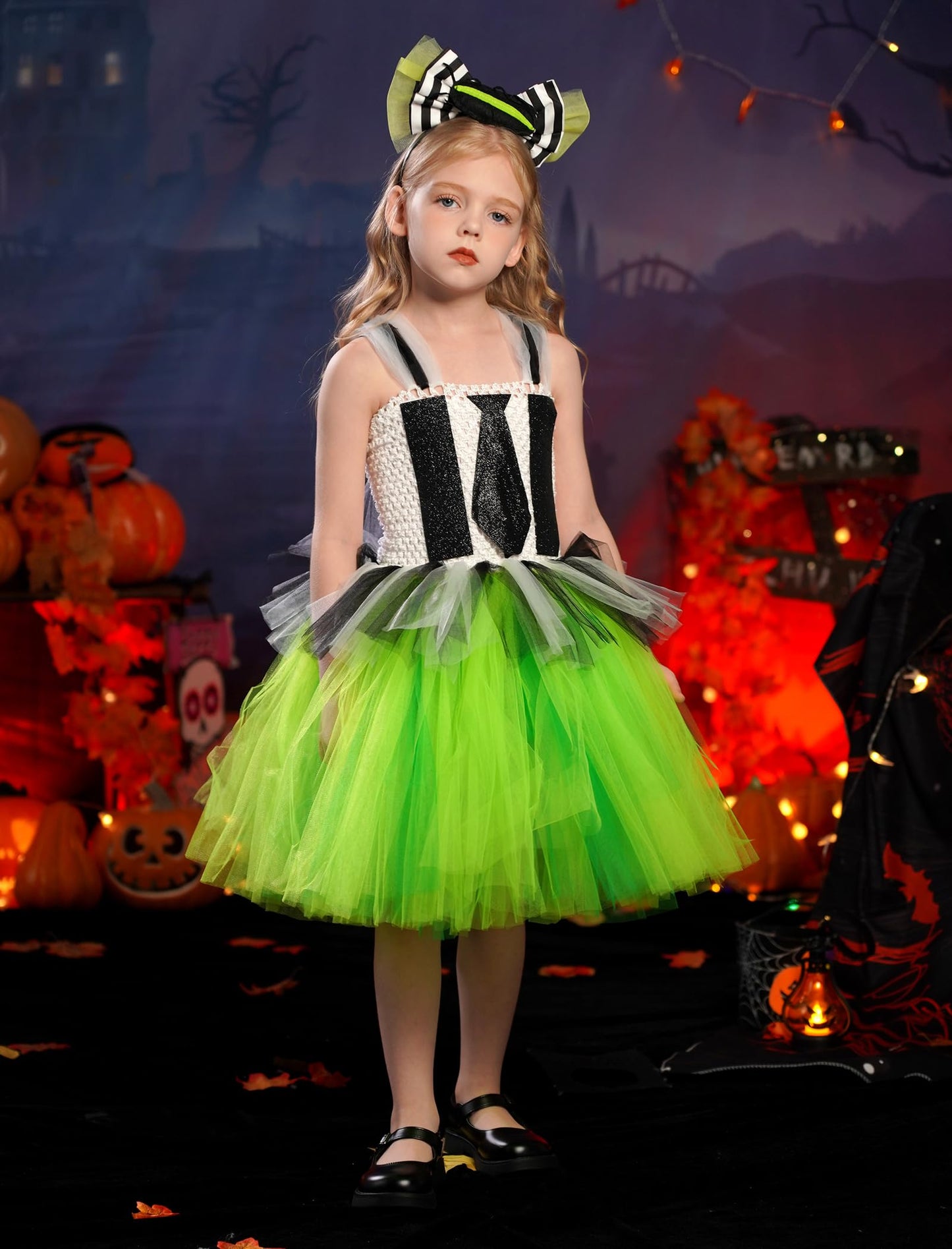 Obeeii Kids Girls Halloween Costume Black White Stripe Tulle Tutu Dress With Headband Set Carnival Fancy Dress Black-Green 6-7 Y