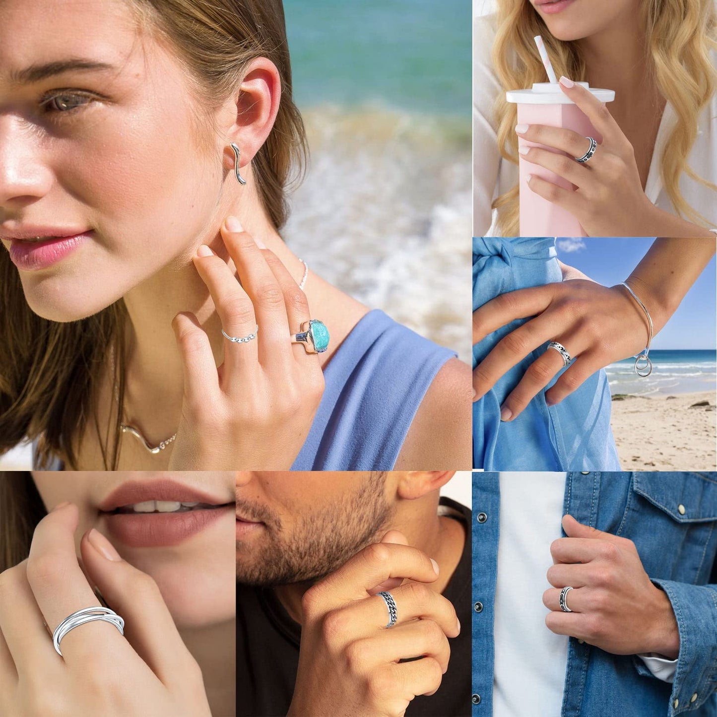 Mucal Anxiety Ring For Women Men 6Pcs Stainless Steel Anti Anxiety Rings With Beads Fidget Ring For Anxiety Spinner Rings For Anxiety Relief,Silver,Mucal Anxiety Rings