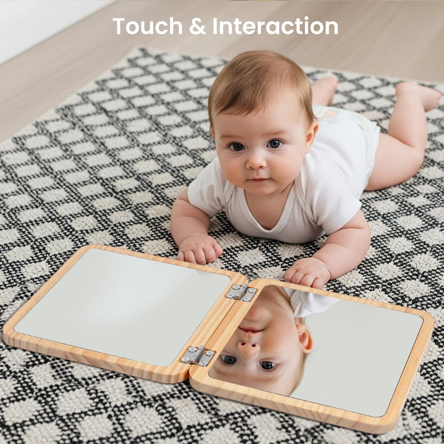 Woodtoe Tummy Time Mirror - Adjustable Baby Mirror with 15 Educational Cards, Shatterproof, 7.7" Natural Wood, Model M-015O