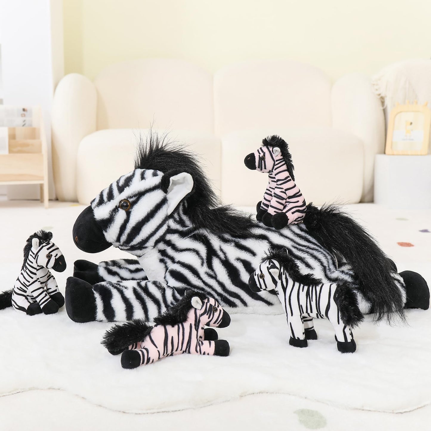 Tezituor 5pcs Wildlife Zebra Stuffed Animals Set, 25" Realistic Plush Toys for Kids, White Polyester Birthday Gift Decoration