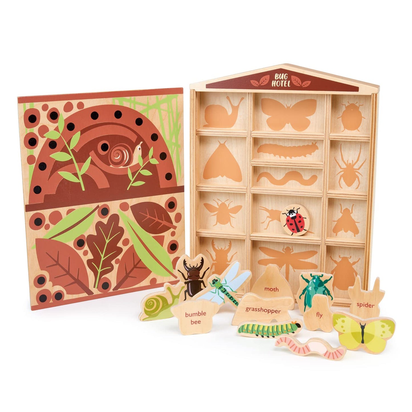 Tender Leaf Toys - The Bug Hotel - 13 Wood Garden Bugs with Shelving Unit and Front Panel - Made for Little Hands - Open-Ended N