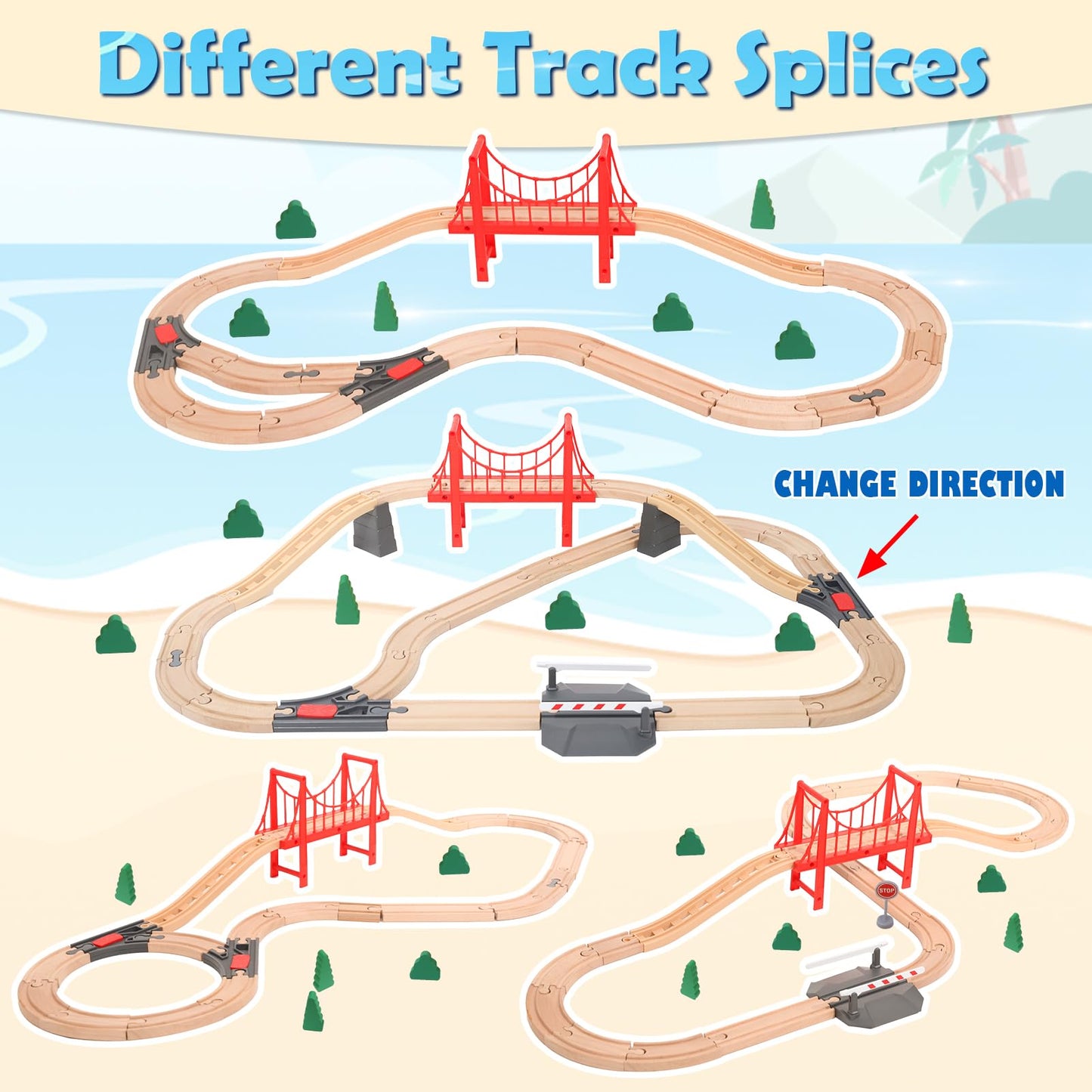 Wdmiya Wooden Train Set for Toddlers  57 Pcs Wooden Train Track for Kids  Train Toy with Bridge and Tracks (Fits Thomas & Brio)  Birthday Trains Gift for 2 3 4 5 6 7 8 Years Old (Harbor)