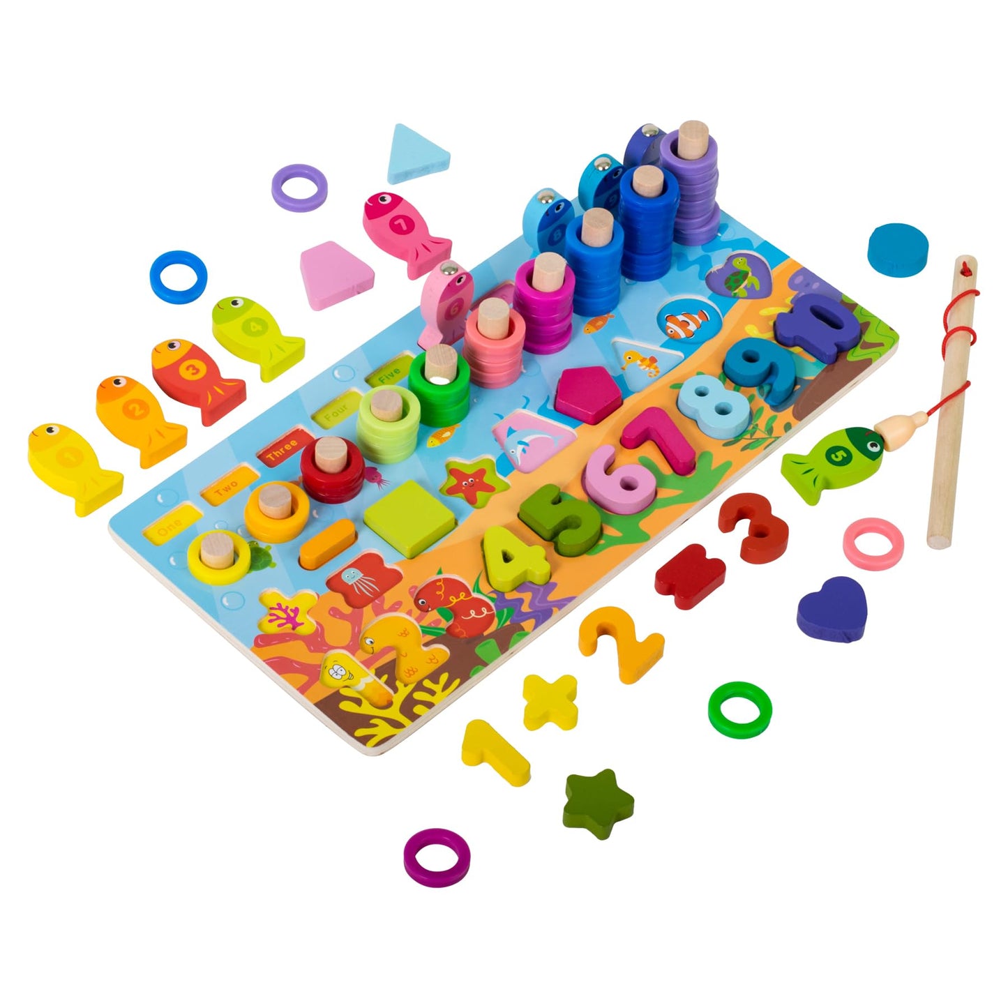 Wishkey Wooden 6 In 1 Multifunctional Learning Board Puzzle, Numbers, Shapes, Fishing Game, Stacking, Montessori Game Educationa