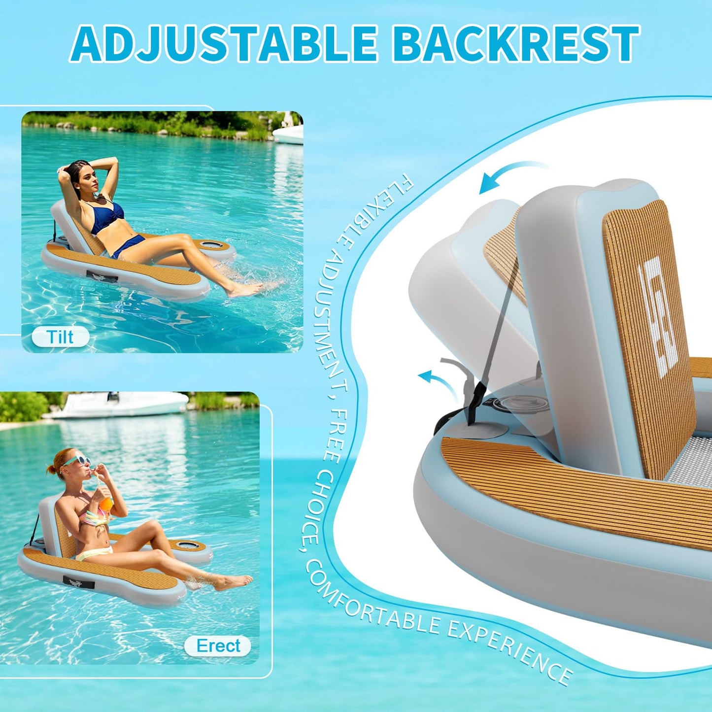 Inflatable Pool Floats mature-themed | 20-80Adjustable Backrest | Built-in Cup Holder | 12mm EVA Soft Foam | Mesh Seat Surface | Pool Lounger Float | Floating Chairs for Lakes  Pools  Boats | 1 Chair