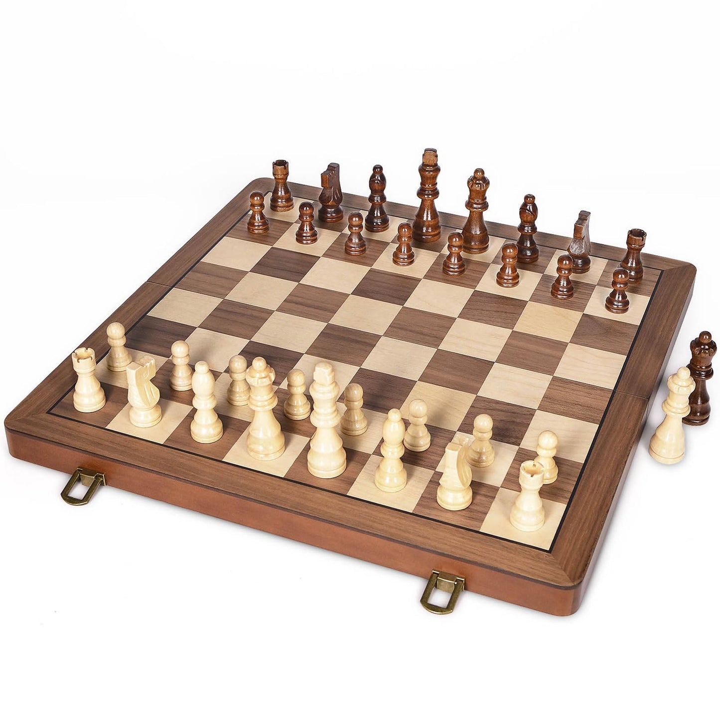 Elongdi 15' Wooden Chess Set With Magnetic Pieces - Extra Queens - Folding Chessboard Portable Travel Tournament Chess Board Games For Adults Kids