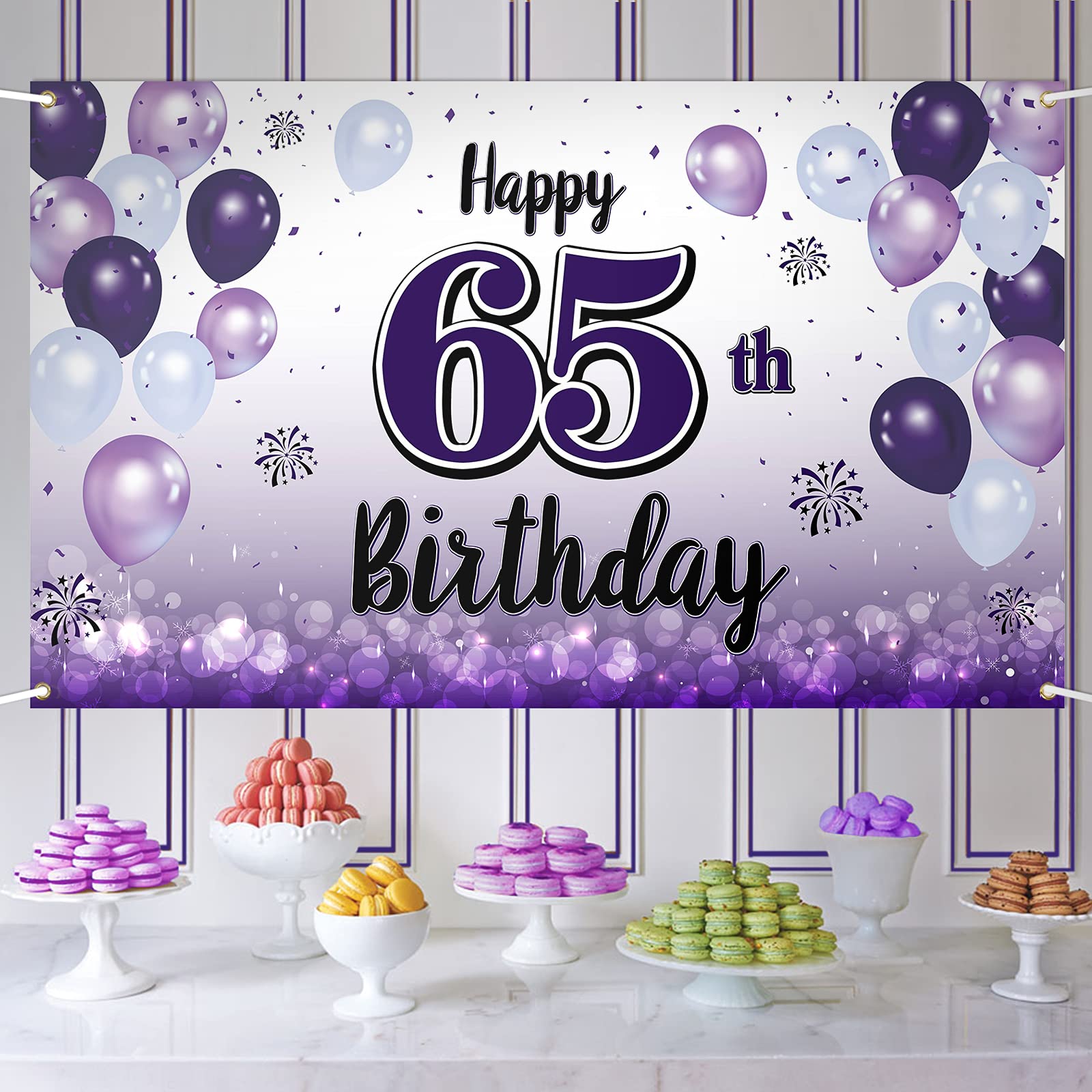 LASKYER Happy 65th Birthday Decorations,65th Purple Balloon Large Birthday Banner Backdrop Sign,65 Years Old Bday Party Supplies