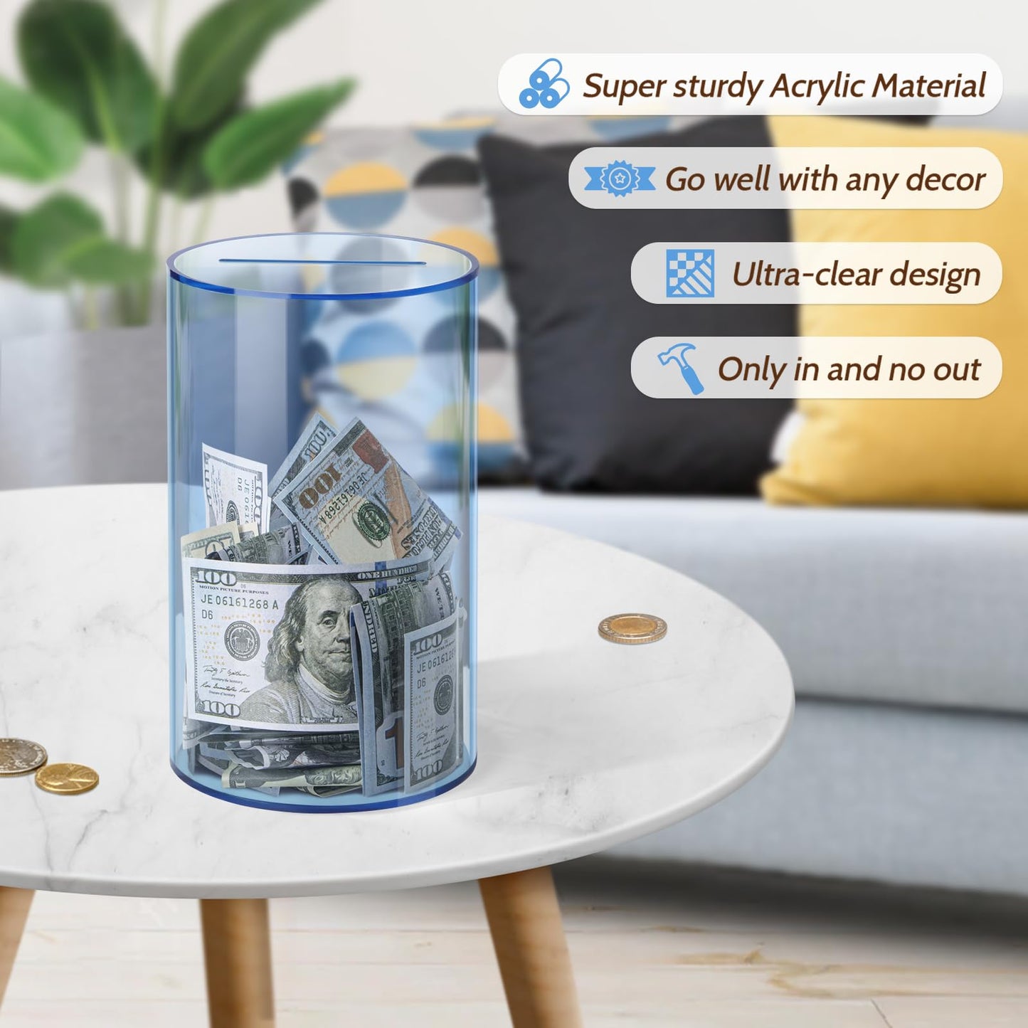 Hicocool Clear Piggy Bank For Adults Kids Must Break To Open, Blue Acrylic Piggy Bank Unopenable Money Savings Jar (8' H X 5' D)