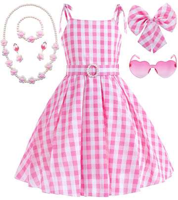 Golray 7Pcs Girls Plaid Costume Dress Sweet Slip Dress With Accessories Movie Outfit Birthday Halloween Costume Girl Dress Up Cl