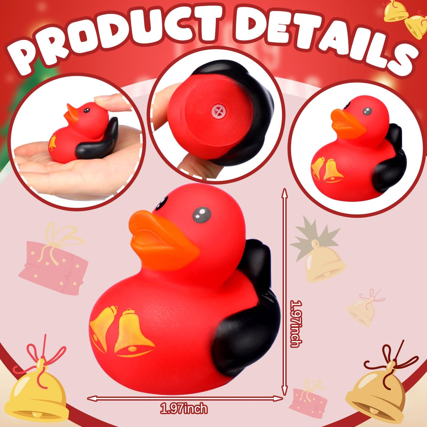 Leyndo 24 Pcs Christmas Mini Rubber Duck Bulk with Xmas Bell for Cruise Ship Party Favors Gifts Bathtub Floating Pool Squeaky Red Black Small Duck for Xmas Baby Shower Party Supplies