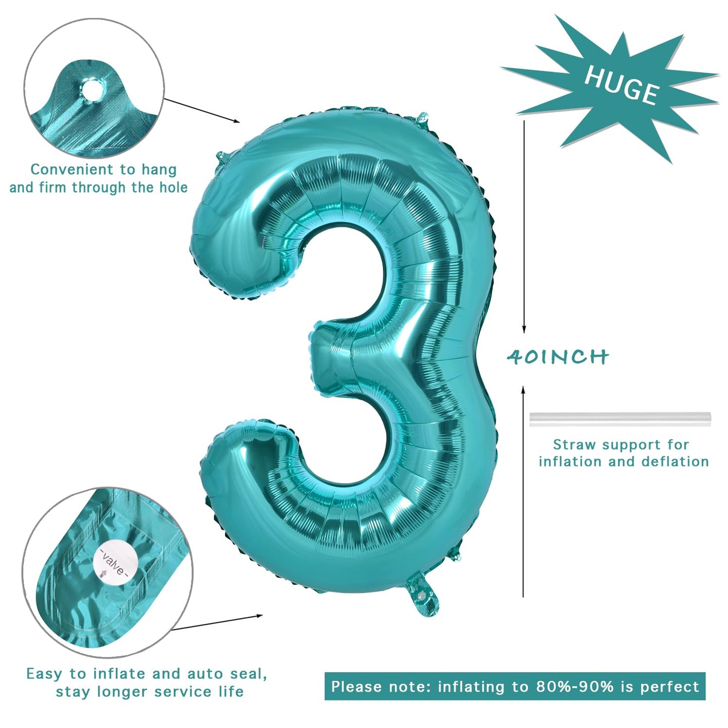 Vonokee 40 Inch Teal Blue Giant Number Balloons 3, Jumbo Digital Foil Mylar Balloon For Birthday Party Wedding Anniversary Celeb