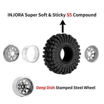 INJORA 1.0 Beadlock Wheel Tires Set -3.78mm Offset Wheel Rims for 1/18 1/24 RC Crawler Car Axial AX24 SCX24 FMS FCX24 TRX4M,Silv