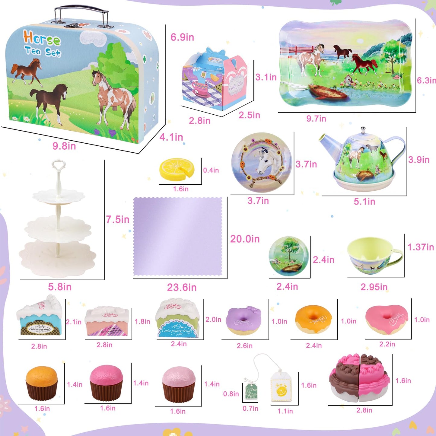 Tea Party Set for Little Girls,50PCS Princess Horse Tea Time Toy Including Food Sweet Treats Playsets,Teapot Tray Cake,Tableclot