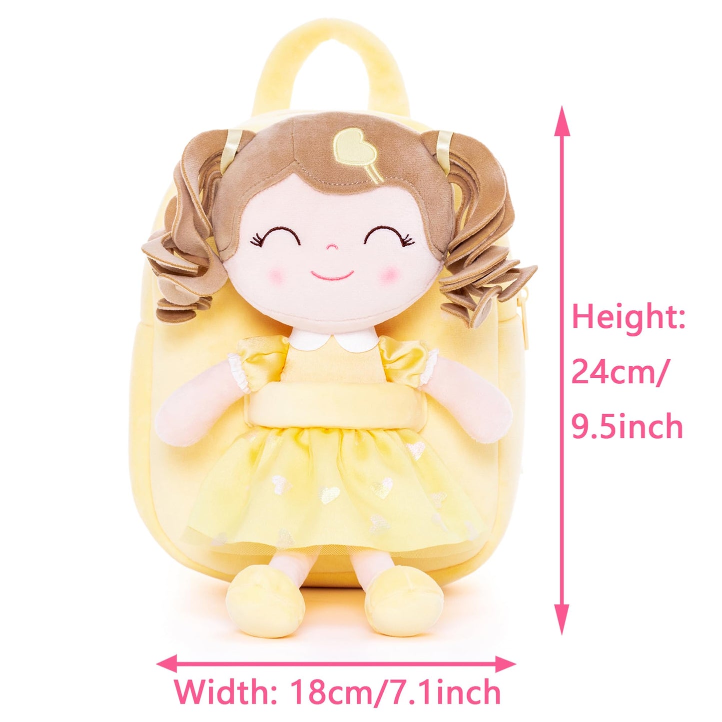 Gloveleya Toddler Backpack Baby Girl Gift Plush Bag Diaper Bag With Spring Girl Doll Curly Hair Girl Toys With Love Yellow 9 Inches