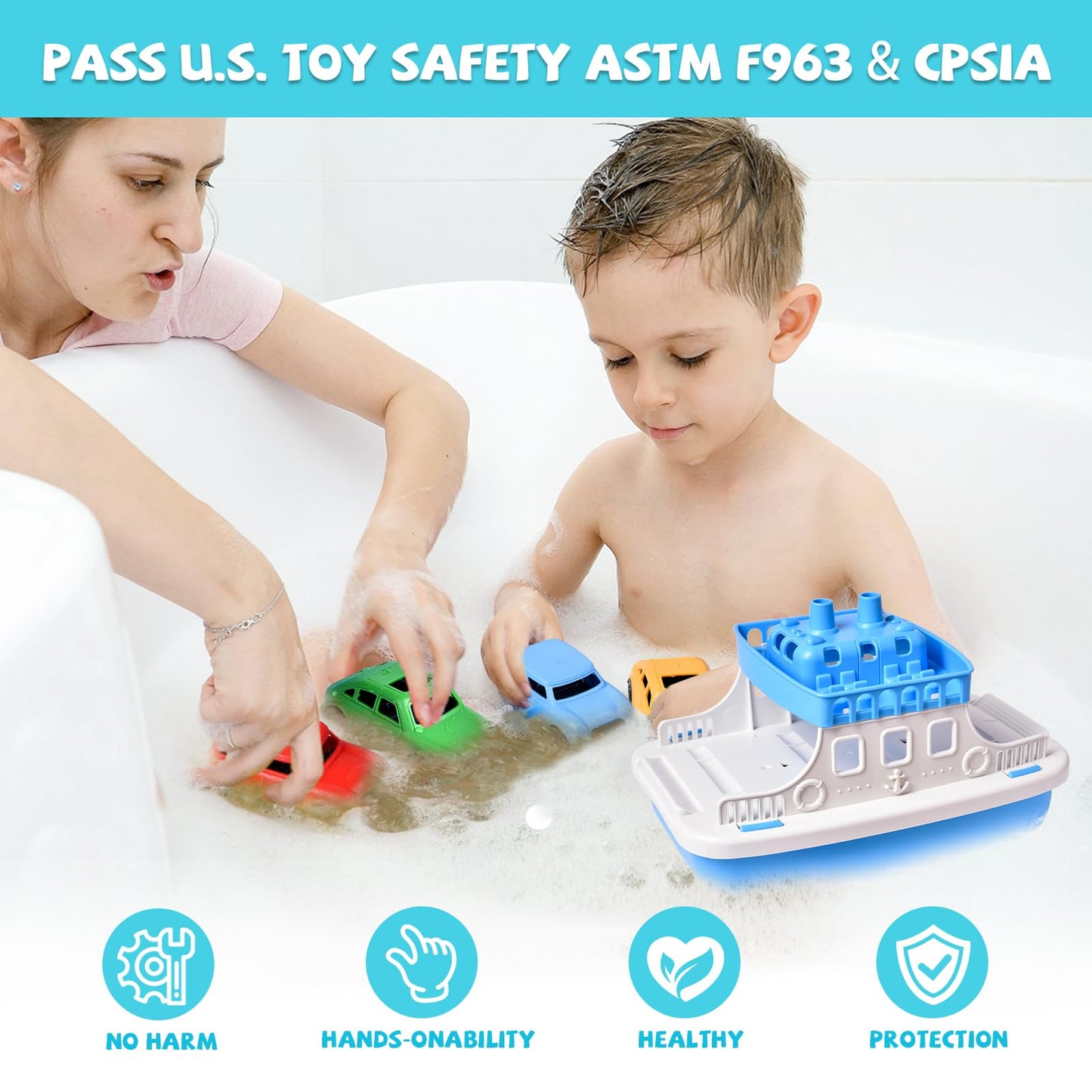 Toy Boat Bath Toys For Toddlers With 4 Mini Car Toys, Kids Water Toys Ferry Boat For Bathtub Bathroom Pool Beach Toys, Birthday Gifts