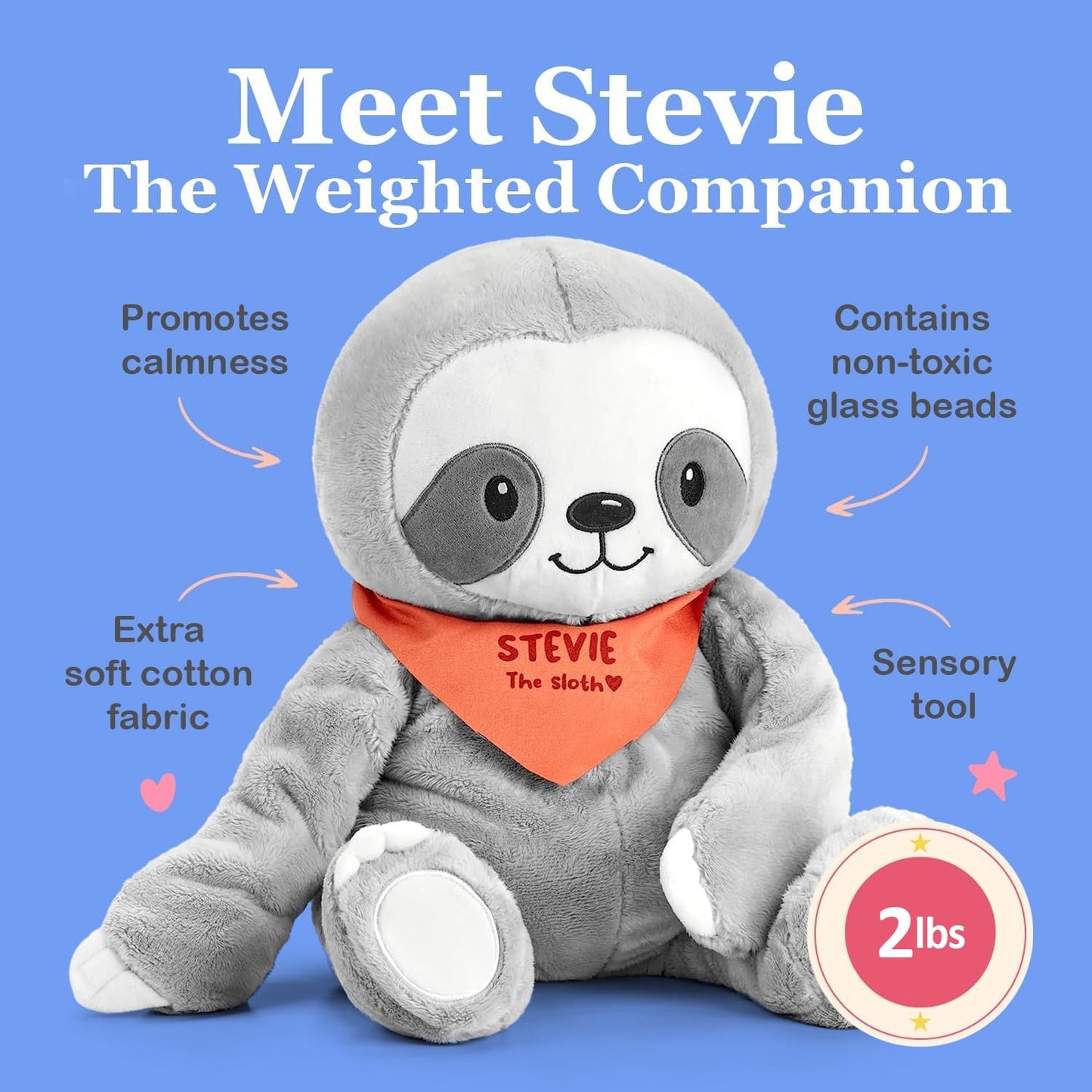 Lilly's Love 2lb Weighted Stuffed Animal - Stevie The Sloth | Sensory Plush, Machine Washable, Polyester, Calming for Kids & Adults